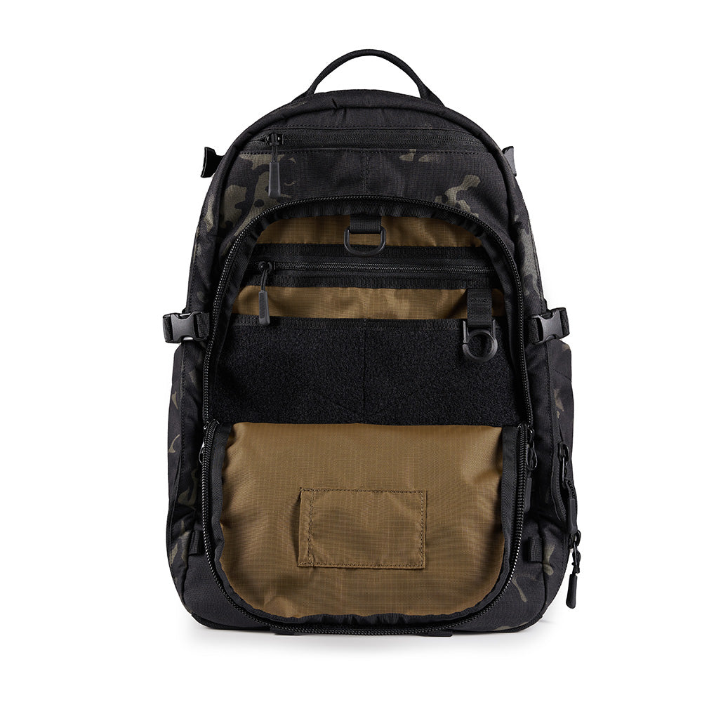 Alpha One Niner EVADE 1.5 Gen 2 25L backpack in Multicam Black, front pocket open showing organiser