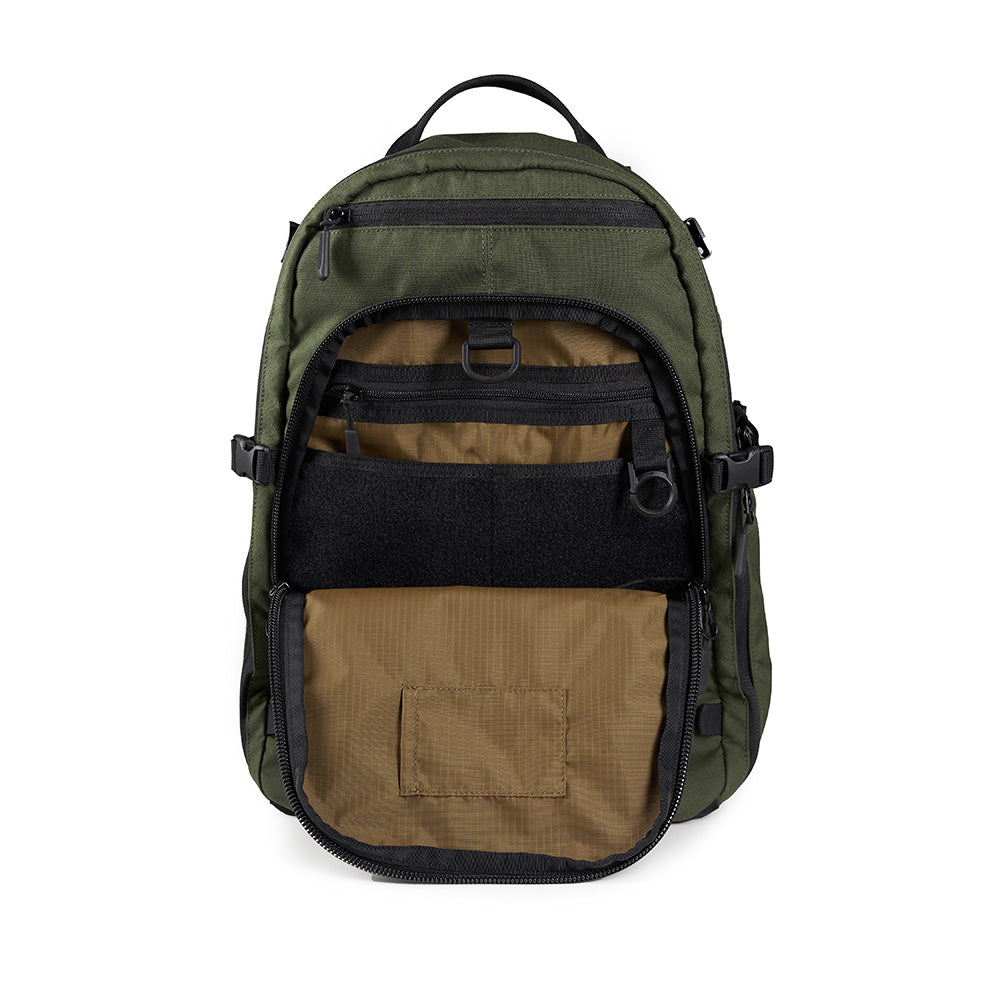 Alpha One Niner EVADE 1.5 Gen 2 25L backpack in OD Green, front pocket open showing tan interior