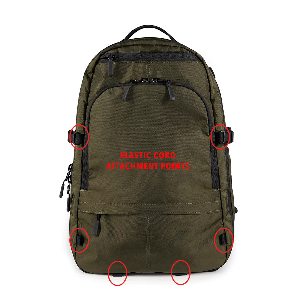Alpha One Niner EVADE 1.5 Gen 2 25L backpack, elastic cord attachment points diagram